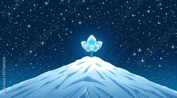Fototapeta A pixel art scene of a single, perfectly formed white-blue glacier flower centered on a snowy mountain peak. The background is a dark, cold night sky filled with a thousand twinkling pixel-art stars.