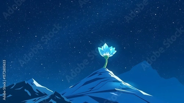 Fototapeta A pixel art image from a low angle, looking up at a single white-blue glacier flower against the vast night sky.