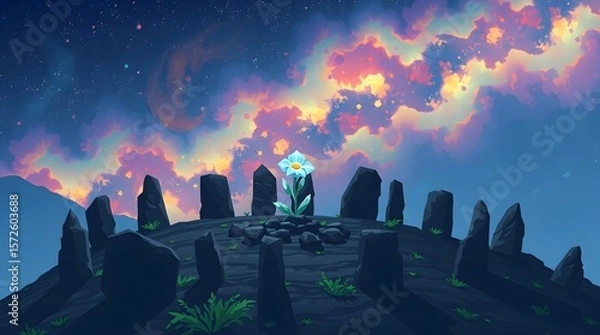 Fototapeta A pixel art scene where a single, luminous white-blue glacier flower grows in the center of a ring of ancient, dark stones on a mountain summit.