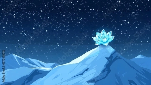 Fototapeta A pixel art scene of a single, perfectly formed white-blue glacier flower centered on a snowy mountain peak. The background is a dark, cold night sky filled with a thousand twinkling pixel-art stars.
