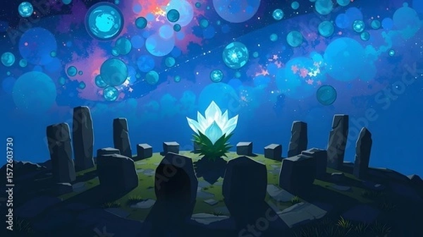 Fototapeta A pixel art scene where a single, luminous white-blue glacier flower grows in the center of a ring of ancient, dark stones on a mountain summit.