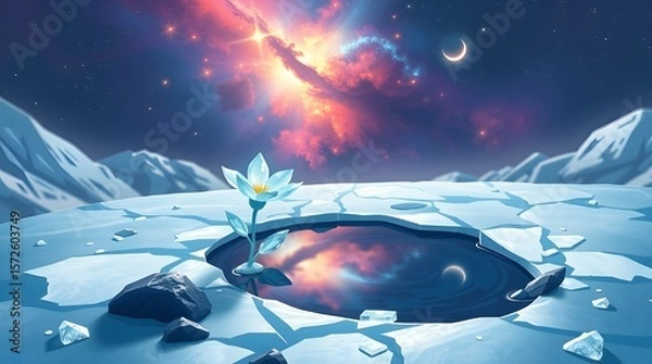 Fototapeta A pixel art scene of a single, glowing white-blue glacier flower with crystal petals, growing beside a small, frozen puddle on a mountain peak.