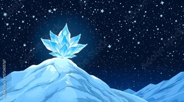 Fototapeta A pixel art scene of a single, perfectly formed white-blue glacier flower centered on a snowy mountain peak. The background is a dark, cold night sky filled with a thousand twinkling pixel-art stars.