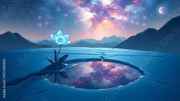 Fototapeta A pixel art scene of a single, glowing white-blue glacier flower with crystal petals, growing beside a small, frozen puddle on a mountain peak.