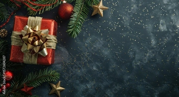 Obraz Holiday gift and ornaments on a dark background with decorative star accents