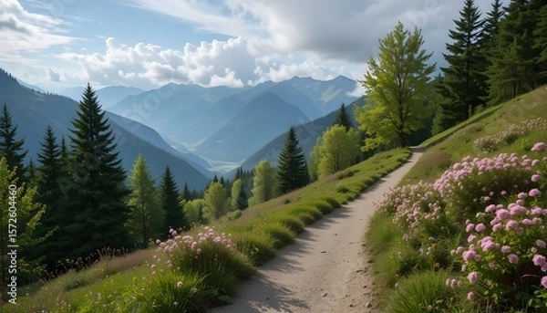 Fototapeta Scenic Alpine Trail in Swabia Germany with Allgau Alps Springtime Clouds View