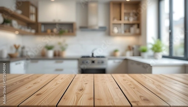 Fototapeta Empty Wooden Table Top with Blurred Modern Kitchen Background for Product Display