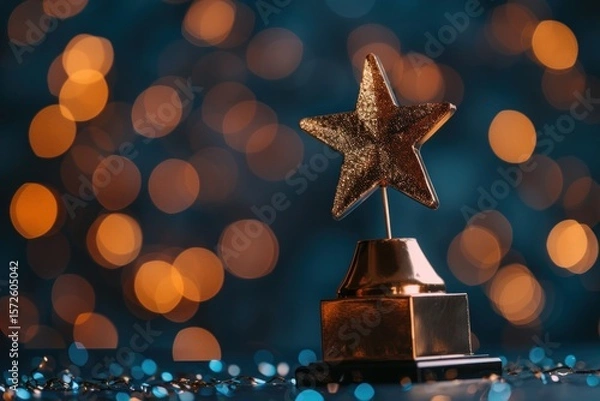 Obraz Golden star award trophy against a defocused background with bokeh lights