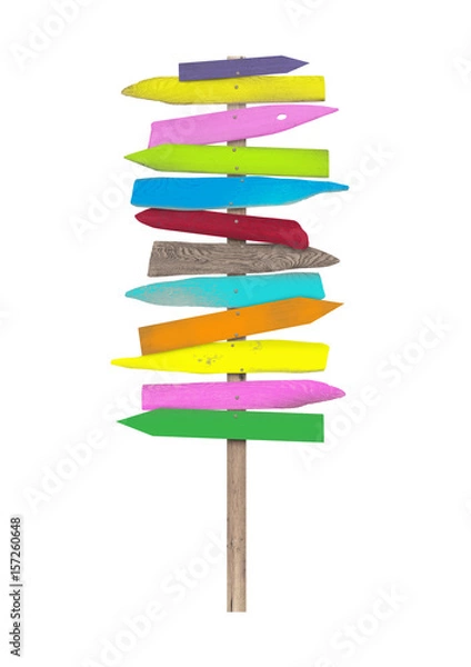 Obraz bright colorful blank wooden directional beach signs on pole, isolated on white background.