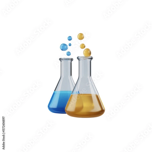 Fototapeta A pair of liquid beakers, each with a liquid and a drop above it