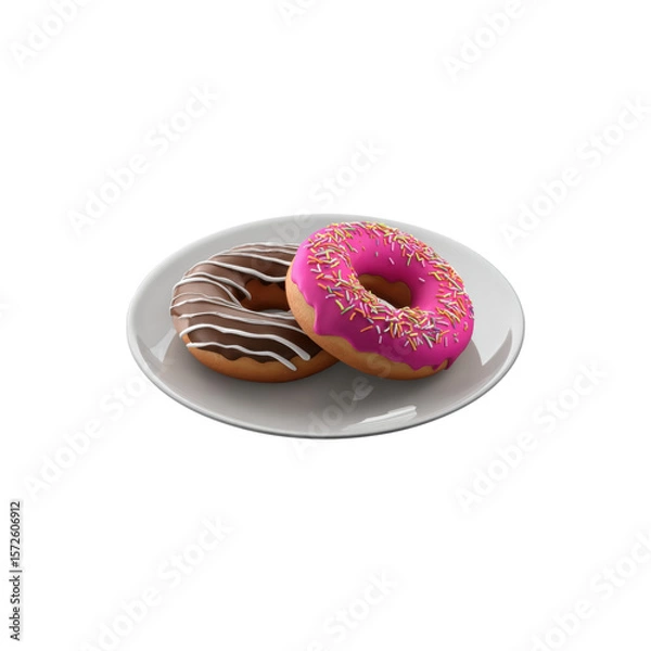 Fototapeta Two delectable donuts rest side-by-side on a glossy white plate