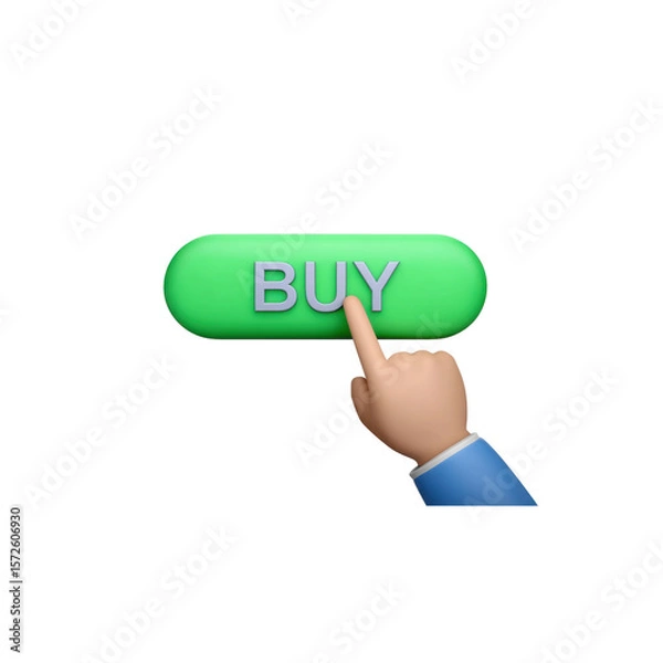 Fototapeta A cartoon hand with a blue cuff touches a vibrant green button, which reads "BUY" in white letters