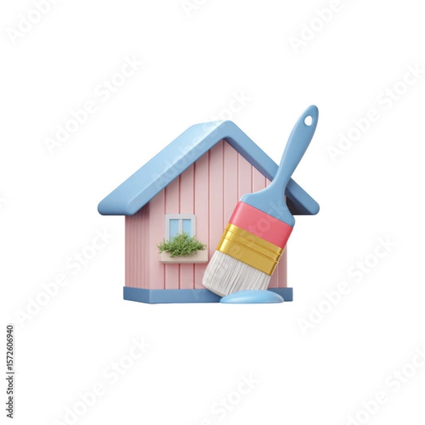 Fototapeta A cartoon-styled image of a house being painted with a brush