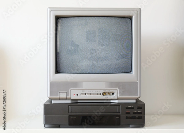 Fototapeta Old silver vintage television with static on screen and VCR from 1980s, 1990s, 2000s isolated on white background.