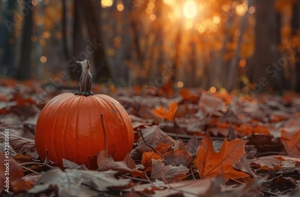 Obraz Festive autumn scene with pumpkin amid foliage in a woodland setting
