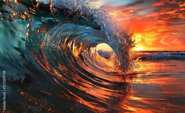 Obraz Ocean wave breaking at vibrant sunset creates a mesmerizing aquatic spectacle