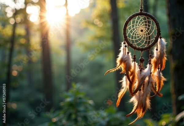 Fototapeta Dreamcatcher hanging in a forest with sunlight filtering through trees