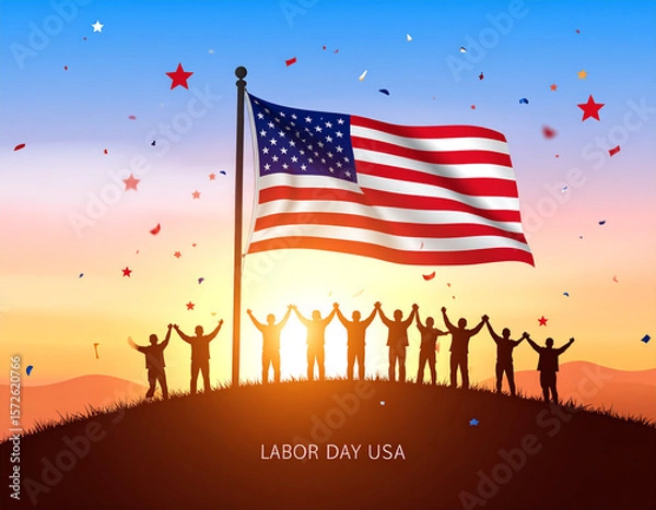 Obraz Labor Day USA Celebration with American Flag and Silhouetted People, Patriotic Labor Day Image with Stars and Stripes and Celebrating Group on a Hilltop