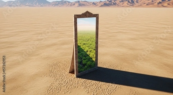 Fototapeta Mirror in desert reflecting green forest – surreal contrast