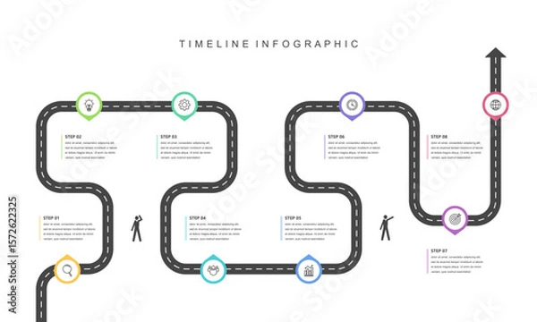 Obraz Business road map timeline infographic concept. with icons and 8 steps, workflow layout, diagram, report, web design. Business Milestone. Vector illustration