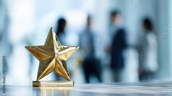 Obraz Gold Star Trophy on Reflective Table – Corporate Award Scene with Copy Space and Blurred Team in Background
