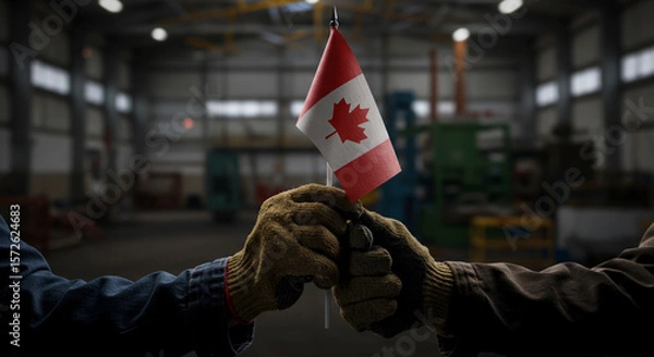 Obraz Canadian Solidarity: Two Workers Uniting Under the Maple Leaf, Showing Canadian Pride and Craftsmanship with a National Symbol