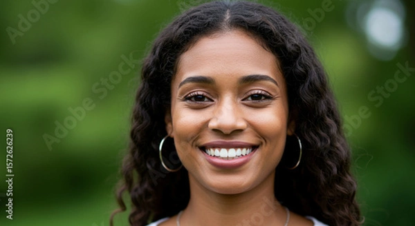 Obraz Radiant Woman with a Warm Smile and Sparkling Eyes in an Outdoor Portrait, Close-up of a beautiful woman with dark curly hair smiling in front of a green background