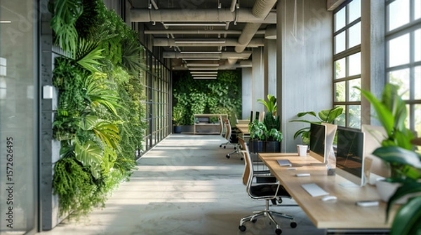 Obraz Green, sustainable and environmental office space with daily employee rush. Modern and nature friendly startup business with ESG standards and care for worker wellness environment