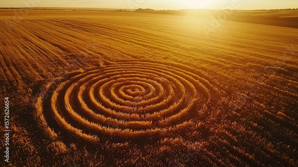 Fototapeta Aerial view of crop circles in golden field at sunset, abstract design with shadows, symbolic, copy space. UFO day.