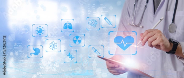 Fototapeta Hands of doctor engaging with digital medical interface, emphasizing connectivity in healthcare, medical innovation, health technology, global medical collaboration, patient-centric care.