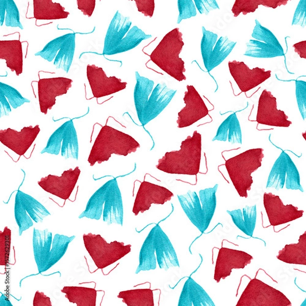 Fototapeta seamless pattern of blue and red moths hand painted watercolor illustrations on white background
