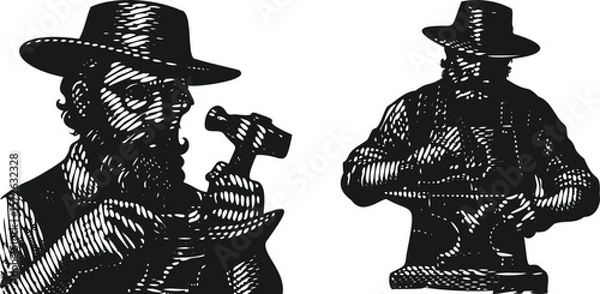 Fototapeta  Heavy lined effect black vector bundle featuring a blacksmith with hat and glasses hammering metal, industrial craftsman working with anvil and hammer, vintage workshop illustration, skilled metalwor