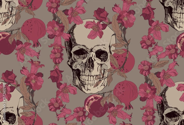Obraz 
Skull and flowers, leaves and pomegranate fruits, on a light background. Typographic graphics and seamless pattern.
