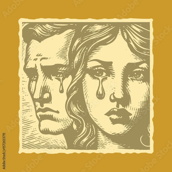 Fototapeta  Halftone effect vibrant color postal stamp vector featuring emotional couple face with single tear rolling down, expressive love portrait illustration, modern design for creative projects and art