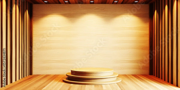 Obraz A wooden stage with three levels in a room with wooden walls and ceiling spotlights on transparent background