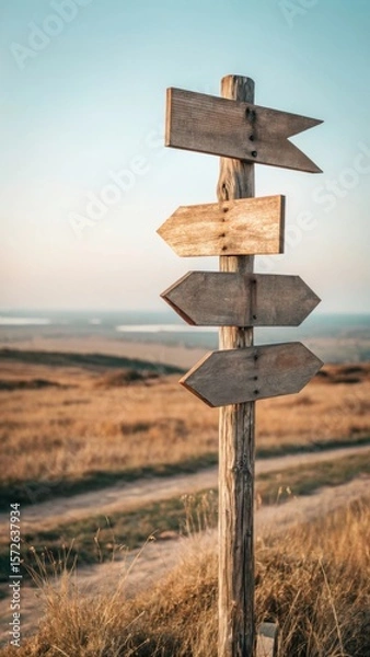 Fototapeta A weathered wooden signpost with multiple directional arrows stands tall against a soft hazy sky overlooking a vast dry landscape