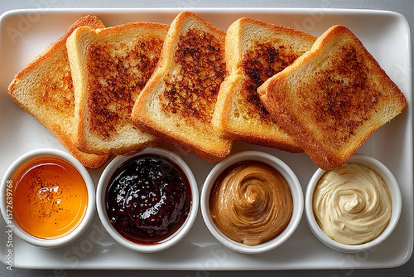 Fototapeta Breakfast mockup. American buffet breakfast. Hotel Breakfast Styles. Top view of a tray of pieces of toasted bread on a plate and assorted spreads in small bowls on a white background.