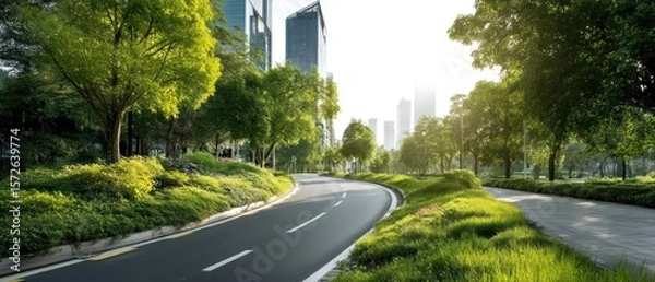 Obraz Urban road trees and buildings