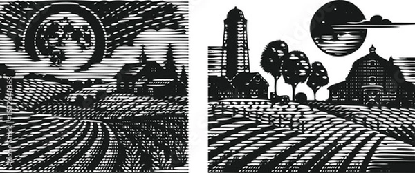 Fototapeta  Heavy lined black vector bundle featuring a serene farm landscape with moon, fields, barn, and trees in stylized night rural scenery, perfect for prints, posters, or editorial designs