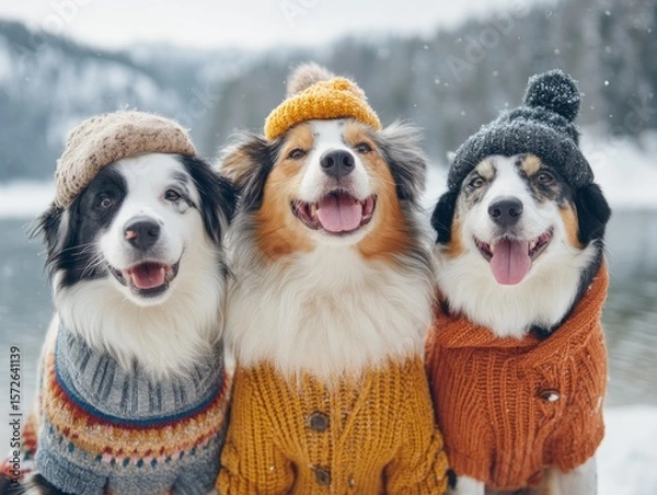 Obraz Three dogs in winter hats and sweaters