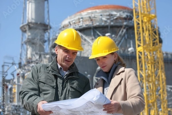 Obraz Engineers reviewing blueprints at a construction site