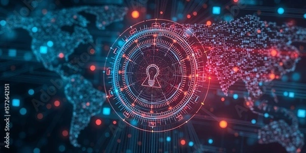 Obraz Digital world map with glowing lightbulb lock in center representing global security on transparent background