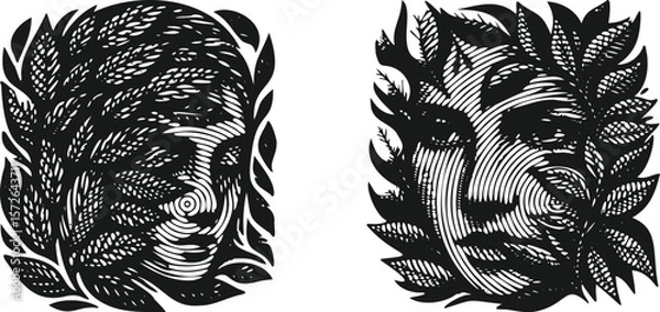 Fototapeta  Heavy lined effect black vector bundle featuring a mysterious face partially covered by leaves, artistic foliage portrait design, nature inspired abstract human silhouette illustration