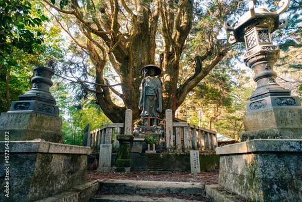 Obraz Mitoyo, Kagawa prefecture, Japan - April 13, 2018: Bronze statue of Kobo Daishi on the grounds of Iyadaniji, temple number 71 of Shikoku pilgrimage