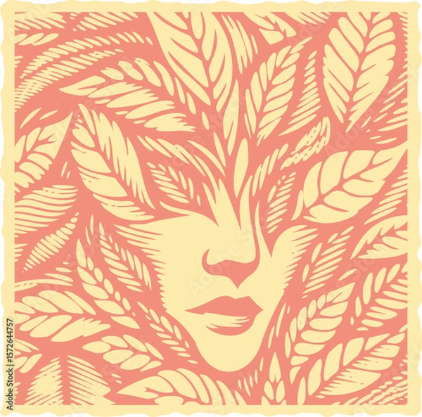 Fototapeta  Vibrant pink heavy lined effect vector postal stamp featuring a face partially covered by leaves, colorful botanical portrait art, modern graphic design, nature inspired illustration, detailed linewo