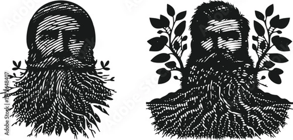 Fototapeta  Heavy lined black vector bundle of a bearded man with tree roots growing from his beard, detailed illustration of nature-inspired facial hair design, organic root beard concept artwork