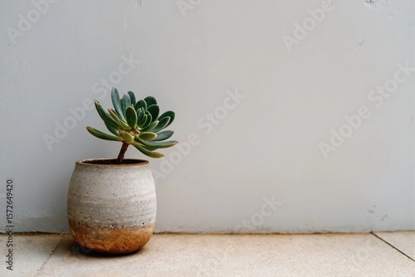 Fototapeta A small succulent in a ceramic pot sits on a tiled floor against a plain white wall.