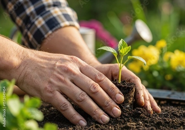 Fototapeta Close-up of a man's hands planting a young seedling into the soil. Hands are slightly dirty.