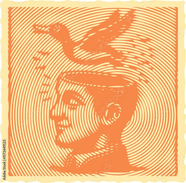 Fototapeta  Heavy lined vibrant color postal stamp vector of surreal head with flying duck, creative mental concept, abstract animal illustration, artistic nature design, modern vector art