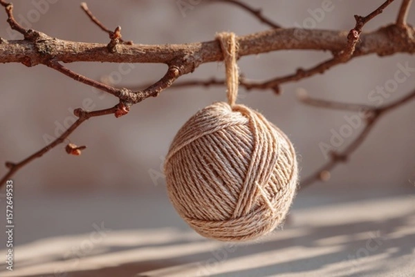 Fototapeta A beige ball of yarn tied to a bare tree branch. Small buds have blossomed on the branch, a blurred background